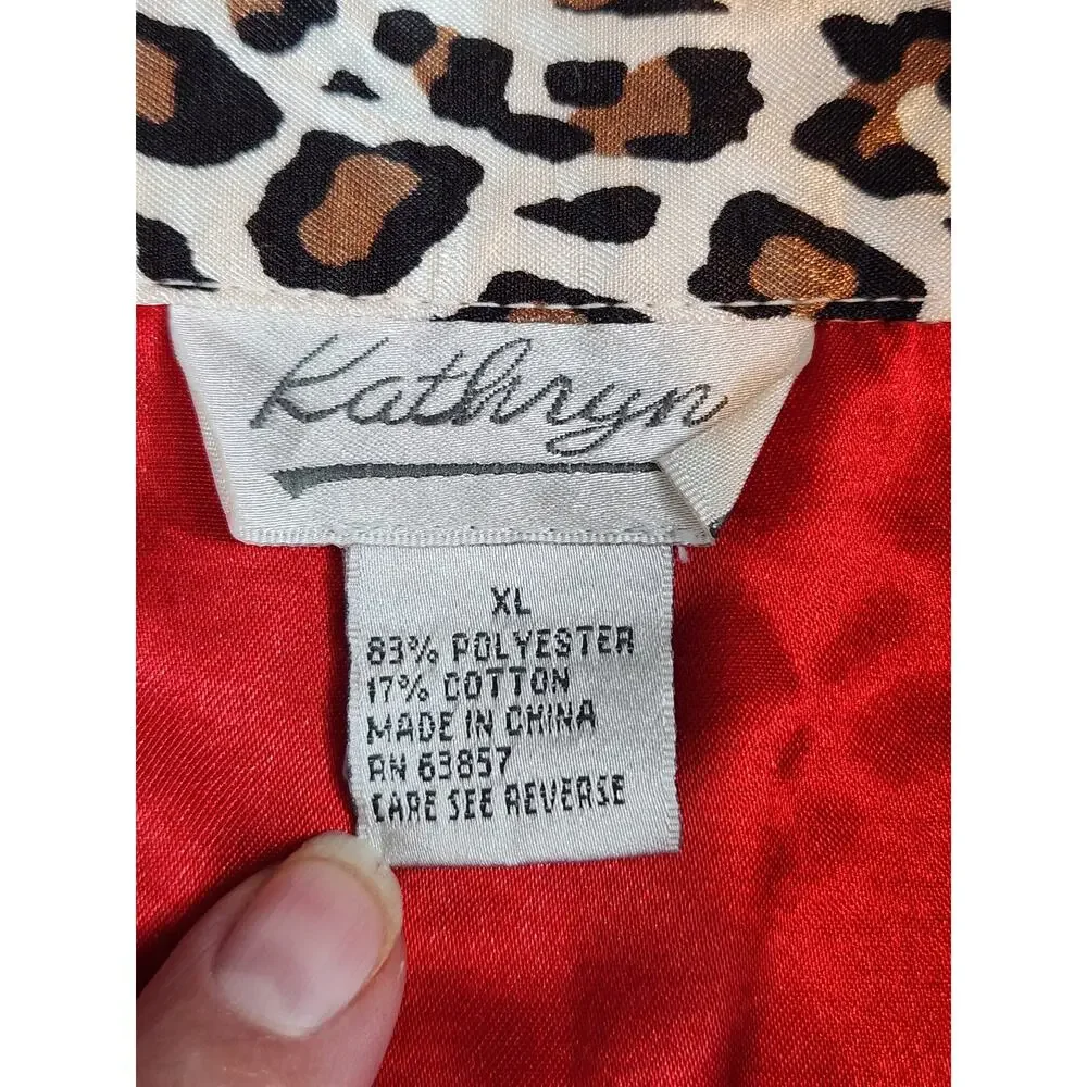 Kathryn Leopard Print Pajama Set XL Satin‎ Feel Red Trim Button Front Lounge
